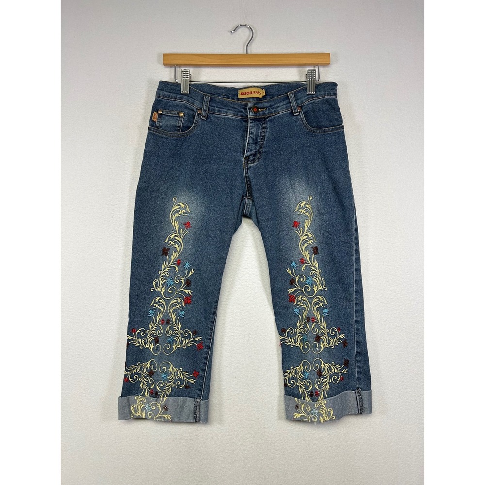 Boho Y2K Bisou Jeans Womens Size 6 Blue Embroidered Floral Capri Cropped Denim